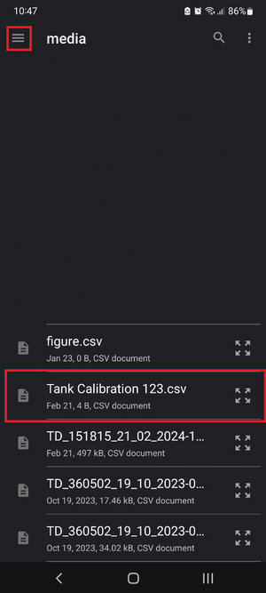 Selecting the tank calibration table file for continuing tank calibration