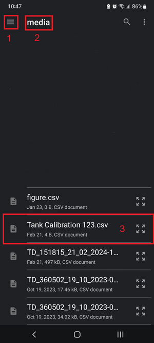 Selecting a tank calibration table file for resuming the tank calibration
